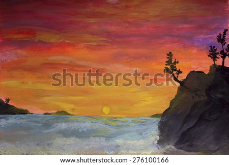 Sunset and rock. Impressionism gouache painting.