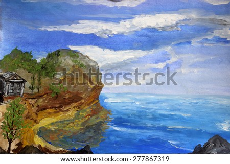 Villa and Southern sea. Impressionism gouache painting.