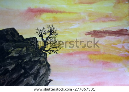 Tree and rock. Impressionism gouache painting.
