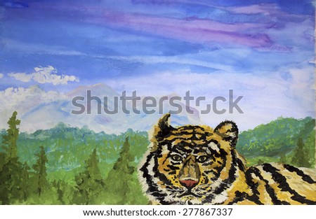 Little tiger. Impressionism gouache painting.