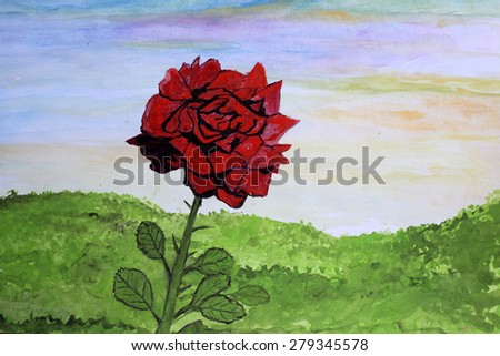 Rose and sky. Impressionism gouache painting.