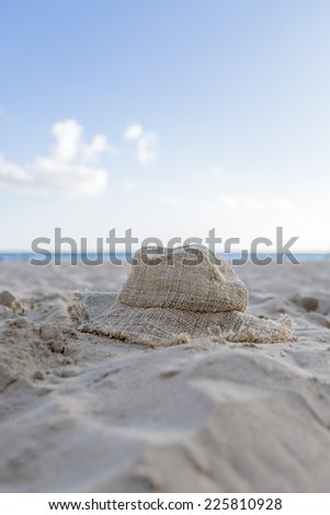 lonely raffia hat on the sand of the beach on a sunny day with the sea and the sky background