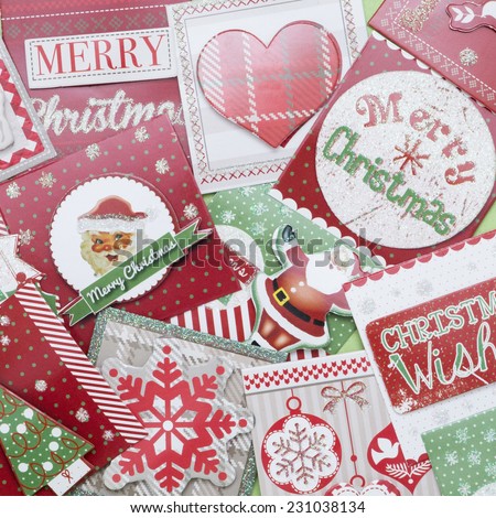 set of sticky handmade labels with Christmas messages useful as a background