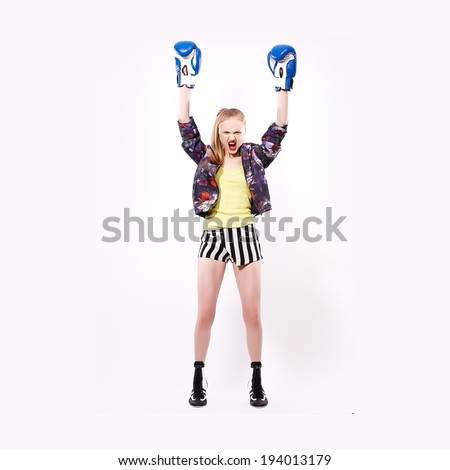beauty sport girl hand up with box