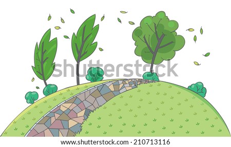 Landscape background illustration of a park or garden with trees, footpath grass and leafs gone with the wind