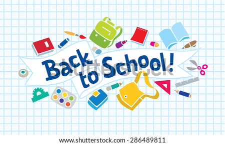 Vector illustration or design template of logo or lettering Back to School with education supplies and doodle lines