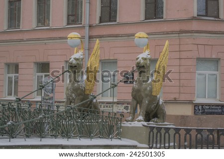 Saint Petersburg, Russia, December 29, 2014. Bridge with winged lions. Winter Russia