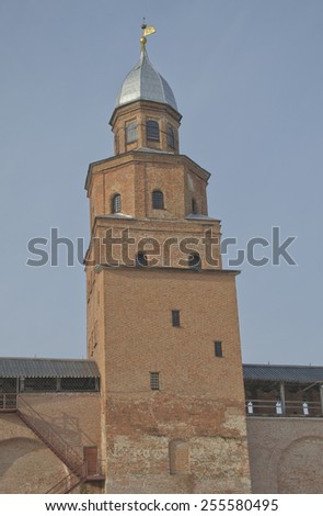 The brick tower of the Kremlin wall. Veliky Novgorod, Russia