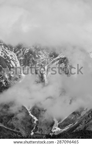Snow-capped mountains. Caucasus mountains, Georgia. Black and white