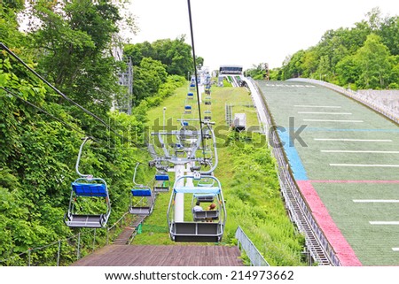 HOKKAIDO, JAPAN - JULY 10 2014 : Cable car at Okurayama Ski Jump Stadium also known as the Okurayama-Schanze  is a ski jumping venue located in the Miyanomori area in  Sapporo, Hokkaido, Japan.