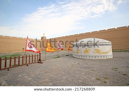 ALTAI,CHINA - JULY 22,2012 : Tent at Jiayuguan,is the Ming dynasty Great Wall\'s west end beginning, is the Ming dynasty Great Wall built along the most spectacular scale.