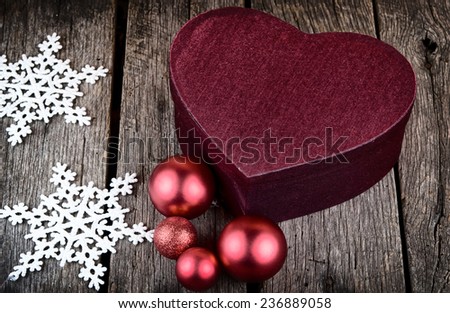 heart shape christmas present box red christmas decoration Balls on wood