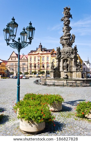 ResslÃ?Â´s square with town hall and baroque column, town Chrudim, East Bohemia region, Czech republic, Europe