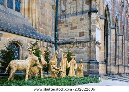 Christmas nativity scene made of straw in Prague near the St Vitus Cathedral on Prague castle Czech Republic Europe Christmas nativity scene made of straw in Prague near the St Vitus Cathedral on Prague castle Czech Republic Europe