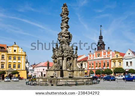 CHRUDIM, CZECH REPUBLIC - MAY 7: Ressl square with town hall and baroque column, on May 7, 2013 - town Chrudim, East Bohemia region, Czech republic, Europe
