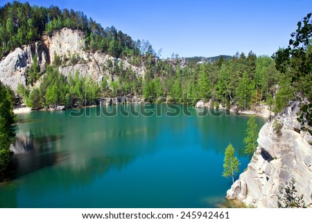 limestone Adrspach rock town and quarry lake - national natural landmark - National park of Adrspach-Teplice rocks
