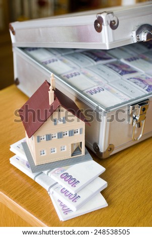Czech money - banknotes in a case with family house  -  economy and finance - buying a new house and mortgage