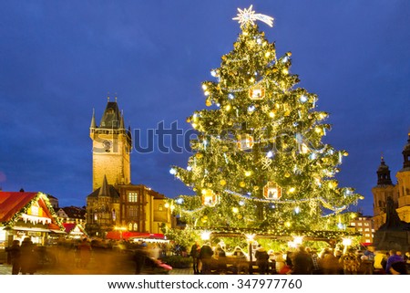 PRAGUE, CZECH REPUBLIC- DEC 02, 2015: Prague Christmas market on Old Town Square. Centre of Prague is UNESCO protected.