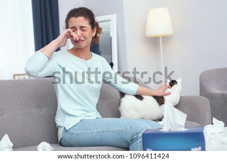 Young teary-eyed lady taking care of her cat suffering from first symptoms of feline fur allergy