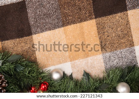 Christmas  tree and New Year toys  and decoration like  fir branches on spread with  top view  and  copy place