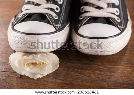 pair of  cool youth white black  gym shoes stepping on  white rose on brown parquet  wooden floor  close up