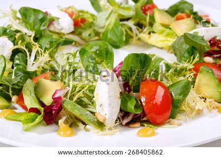 Tasty green salad. Close-up of green salad with mozzarella, tomatoes, zucchini, mash-salad, frisee