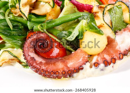 Tasty and fresh. Close-up of octopus salad with lettuce, zucchini, asparagus, mash-salad and tomatoes cherry