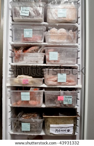 Refrigerator with frozen meat and fish workpieces