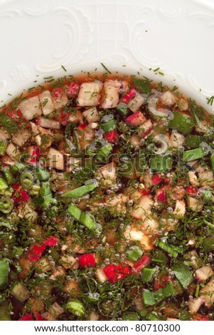 Close-up of russian cold vegetable soup on kvass base - okroshka