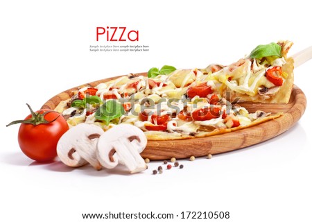 Vegetarian pizza with peppers mushrooms tomatoes olives and basil Vegetarian pizza with peppers mushrooms tomatoes olives and basil