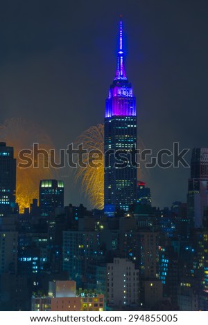 New York City, USA; July 4, 2015: Fourth of July fireworks backdrop on New York city skyline