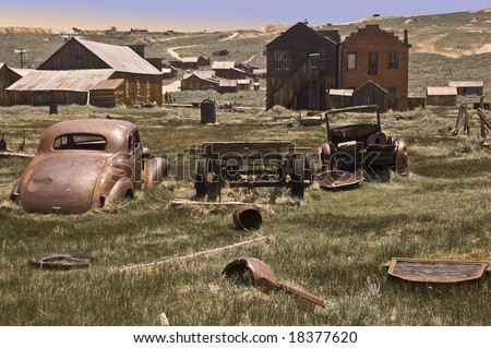View of Bodie from wrecked vehicles.  Bodie, California, is a ghost town and state park...the real wild west and mining town.