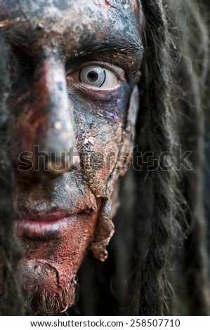Paris, France - November 16, 2010: People dressed as a zombie parades on a street during a zombie walk in Paris.