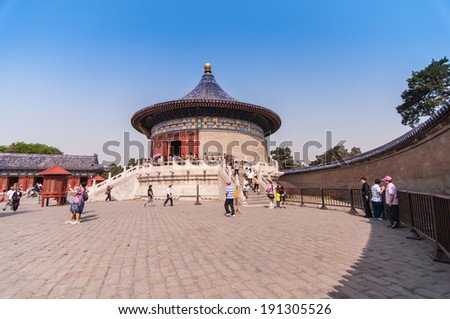 BEIJING,CHINA-MAY 24,2013: People visit the famous Temple of Heaven. The Temple of Heaven was selected as a UNESCO World Heritage Site in 1998