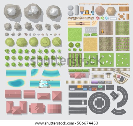 Set of landscape elements. Village. (Top view)\
Mountains, hills, trees, farm, field, house, river, road, railway. (View from above)