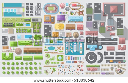 Set of landscape elements. City. (Top view) Trees, houses, buildings, skyscrapers, attractions, railroad, road, port, airport. (View from above)