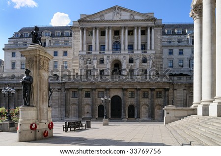 Bank of England, London, England, UK, Europe.  There is a war memorial to the left and the Royal Exchange to the right