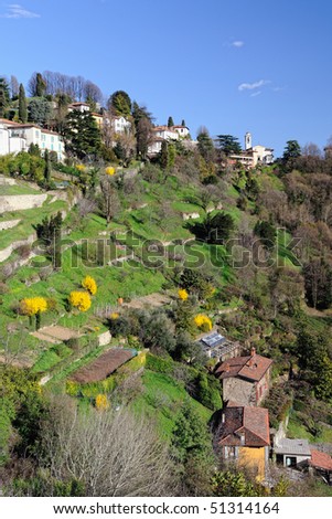 View over terraced gardens to San Vigilio, Bergamo, Lombardy, Italy, Europe.