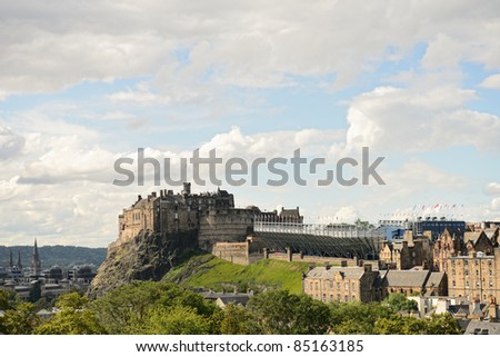 Edinburgh Castle, Scotland, from the south east.  The temporary grandstand for the military tattoo is visible on the esplanade.