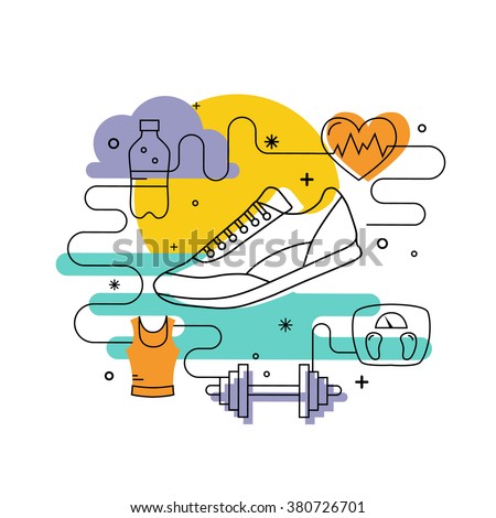 Fitness concept of fitness training, running shoes in outline style. Illustration with run sport icons and fitness training design elements. Vector fitness training running shoes for banners, posters.