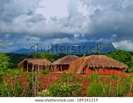 National African village. The mountains in the background. Africa, Mozambique, Naiopue.