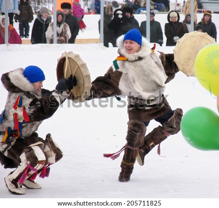 Nadym, Russia - March 3, 2007: the national holiday, the day of the reindeer herder in Nadym, Russia - March 3, 2007. National representation of unknown artists.