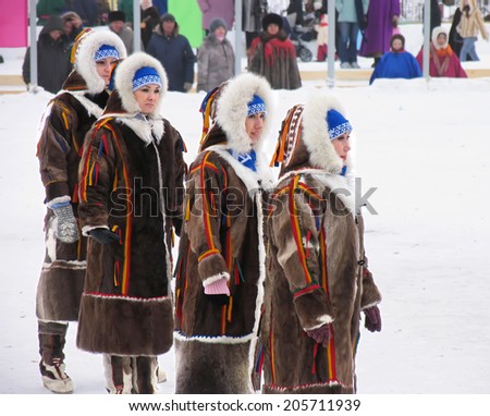 Nadym, Russia - March 3, 2007: the national holiday, the day of the reindeer herder in Nadym, Russia - March 3, 2007. National representation of unknown artists.