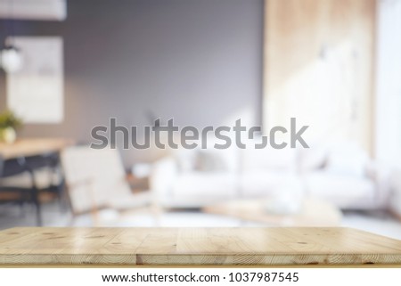 Empty wood table space platform and living room background. Product display montage.