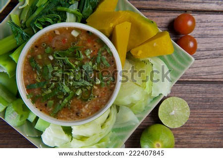 chilly and shrimp dipping sauce with vegetables, nam-pric in thai script.