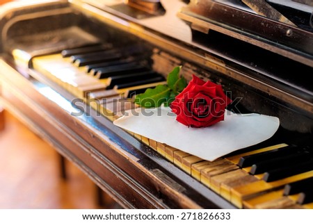 Vintage paper, roses and keys of an old piano