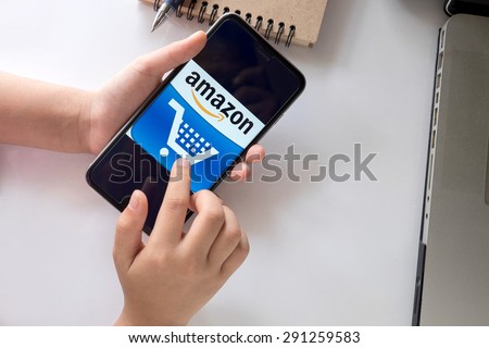 CHIANGMAI,THAILAND-JUNE 28,2015:Amazon logo on Iphone6plus screen.Amazon.com, Inc. is an American international electronic commerce company. It is the world\'s largest online retailer.