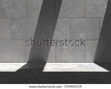 Computer generated contemporary wall lit by streams of sunlight and a slight wet sheen on floor.