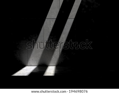 Computer generated contemporary wall lit by a stream of sunlight and a slight wet sheen on floor.  High contrast between lit and shadow
