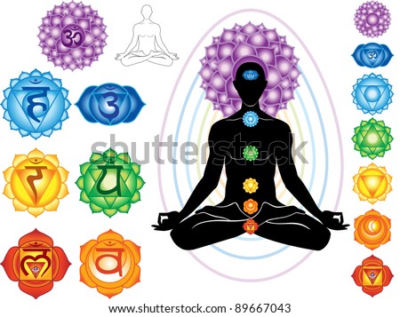 stock vector : Silhouette of man with symbols of chakra